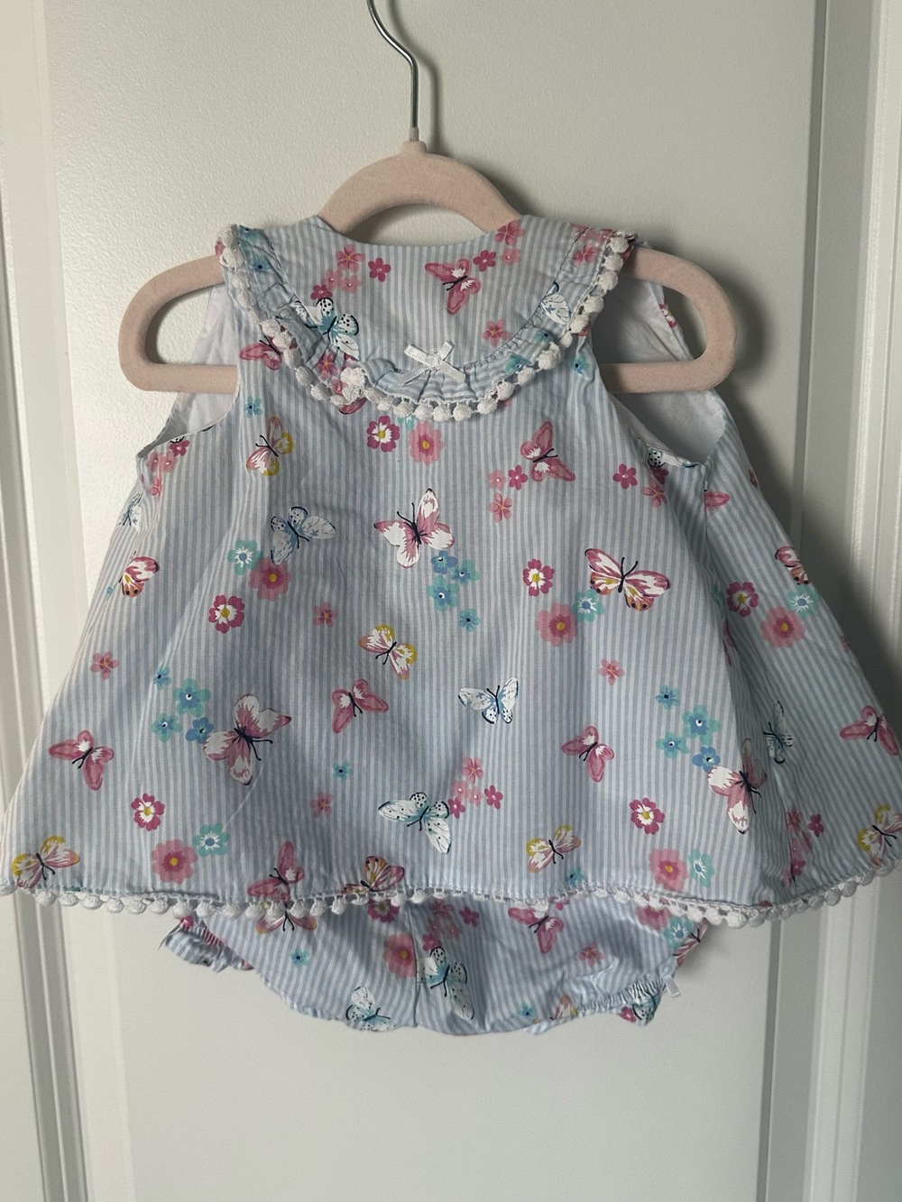 Little Me Blue Striped Butterfly Floral Dress & Bloomers Set